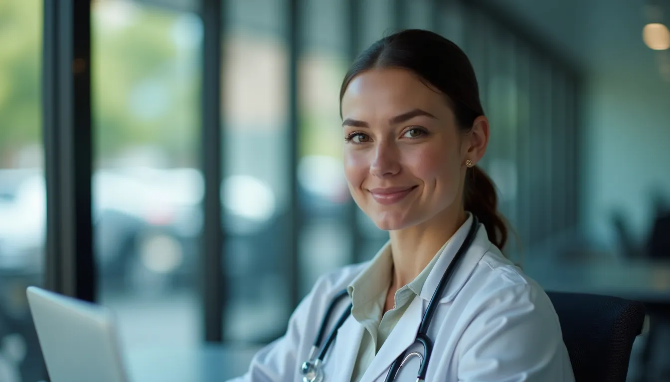 Médica sonriendo en su oficina moderna, con estetoscopio y computadora portátil frente a ella.