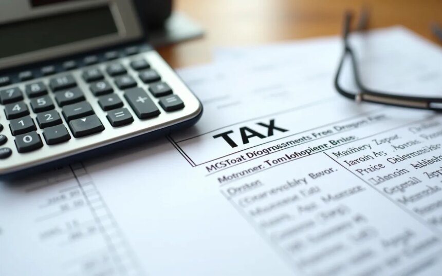 Calculadora y documentos fiscales sobre una mesa de trabajo en un entorno profesional.