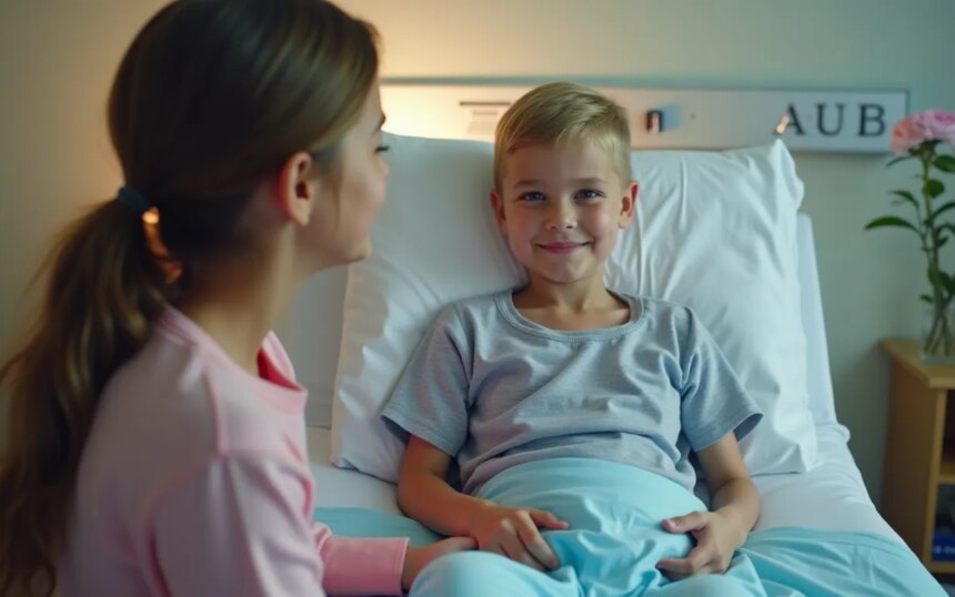 Niño sonriendo en cama de hospital, mientras una mujer lo acompaña y lo sostiene de la mano.