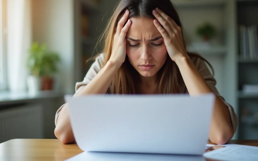 Mujer preocupada revisando documentos en una mesa con expresión de estrés y ansiedad.