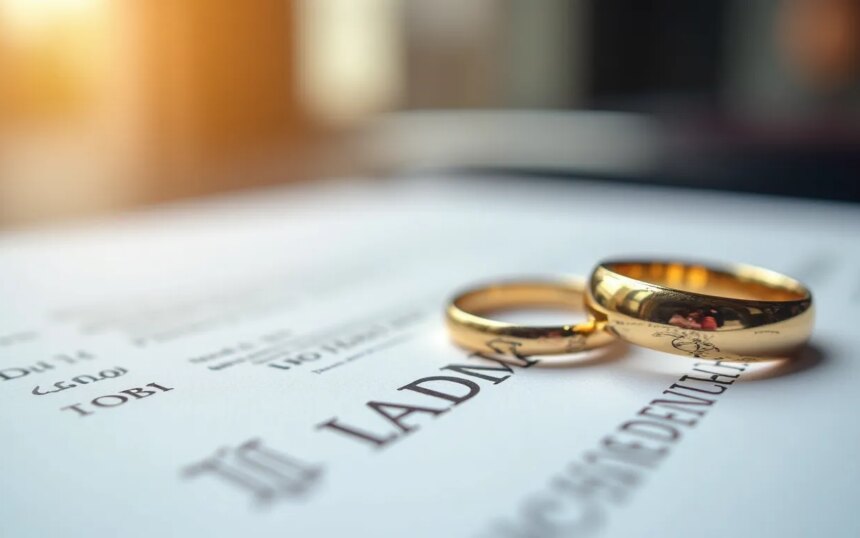 Dos anillos de matrimonio sobre un documento, simbolizando un divorcio y patrimonio.