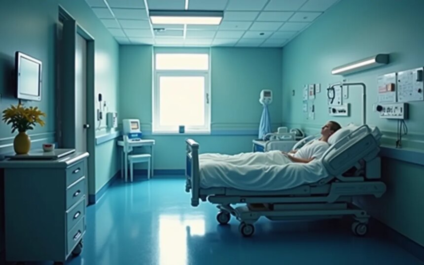 Paciente en cama hospitalaria en habitación con equipamiento médico y luz natural.
