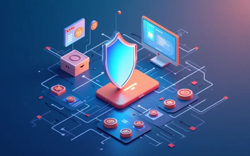 Escena digital con iconos de seguridad, computadora y elementos de protección en un fondo tecnológico.