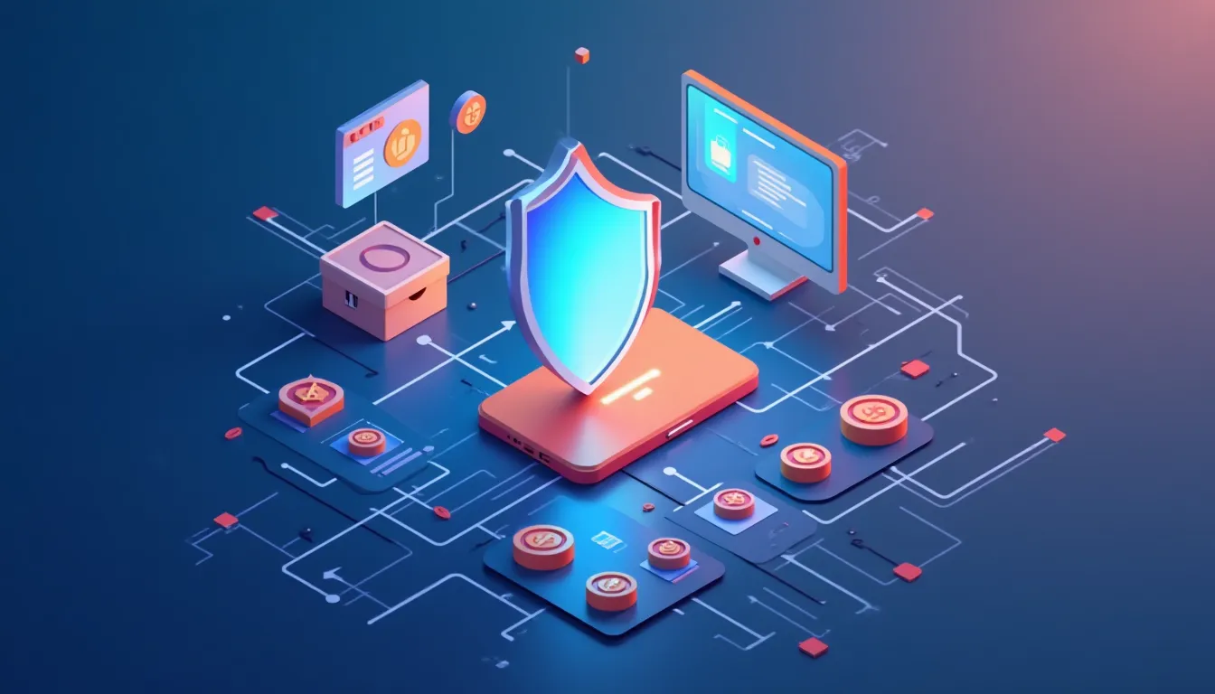 Escena digital con iconos de seguridad, computadora y elementos de protección en un fondo tecnológico.