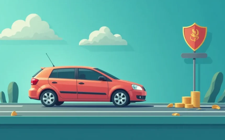 Auto naranja estacionado junto a un letrero con escudo y monedas en el suelo.