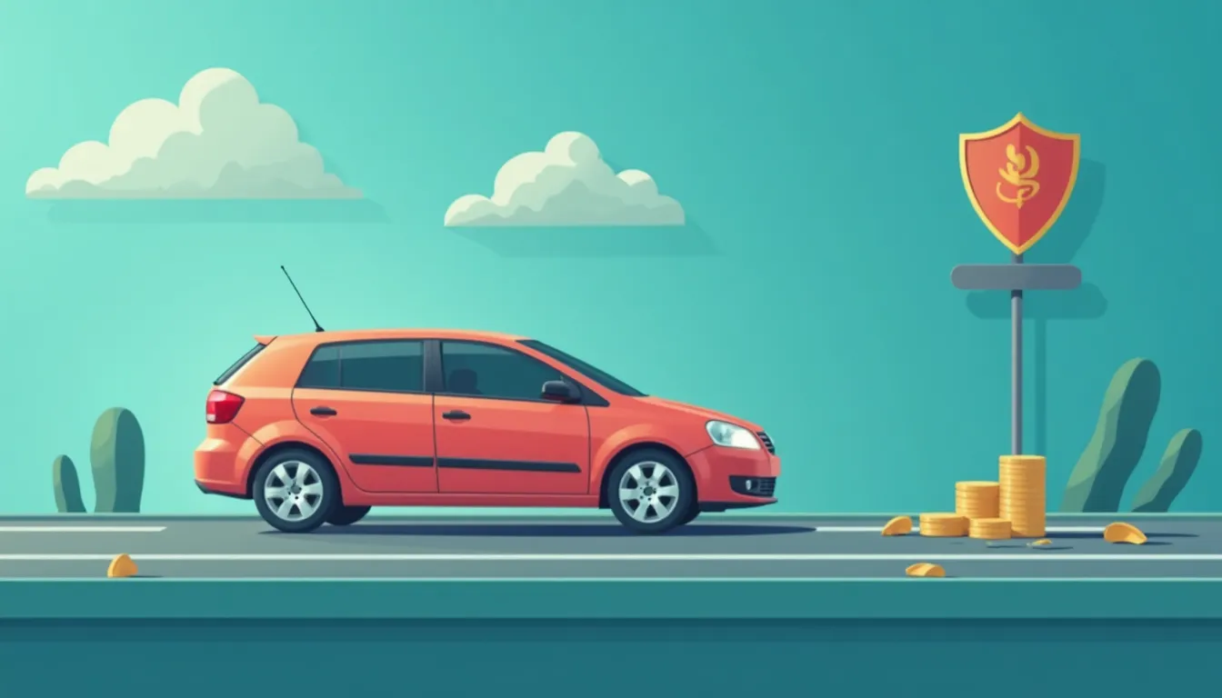 Auto naranja estacionado junto a un letrero con escudo y monedas en el suelo.
