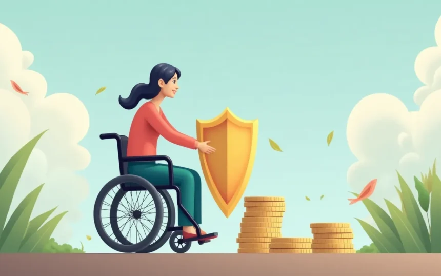 Mujer en silla de ruedas sosteniendo un escudo frente a montones de monedas.