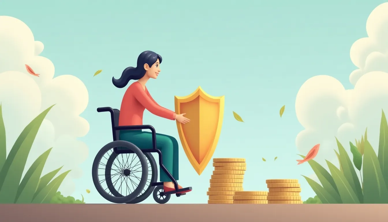 Mujer en silla de ruedas sosteniendo un escudo frente a montones de monedas.