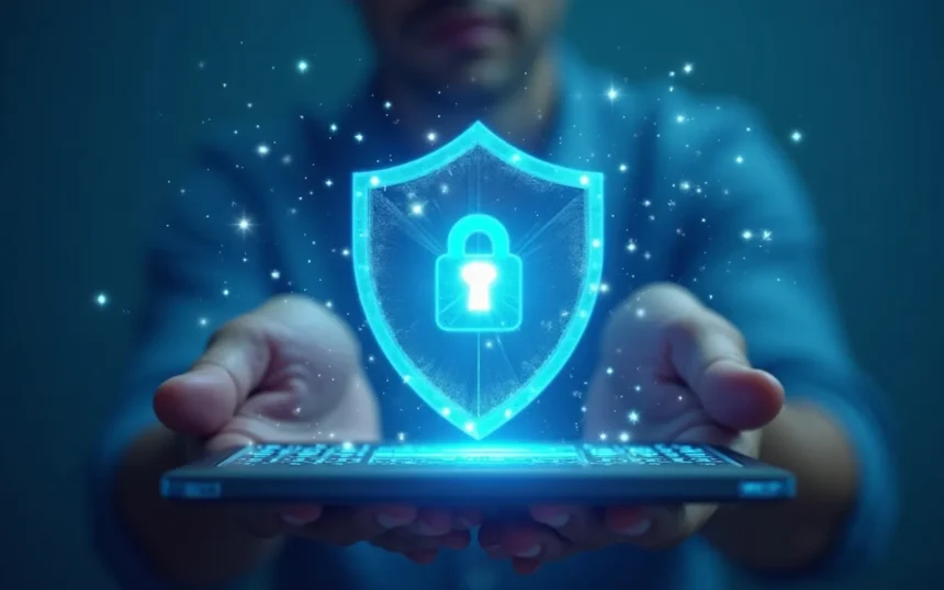 Hombre sosteniendo un teléfono móvil con un escudo de seguridad digital en sus manos.