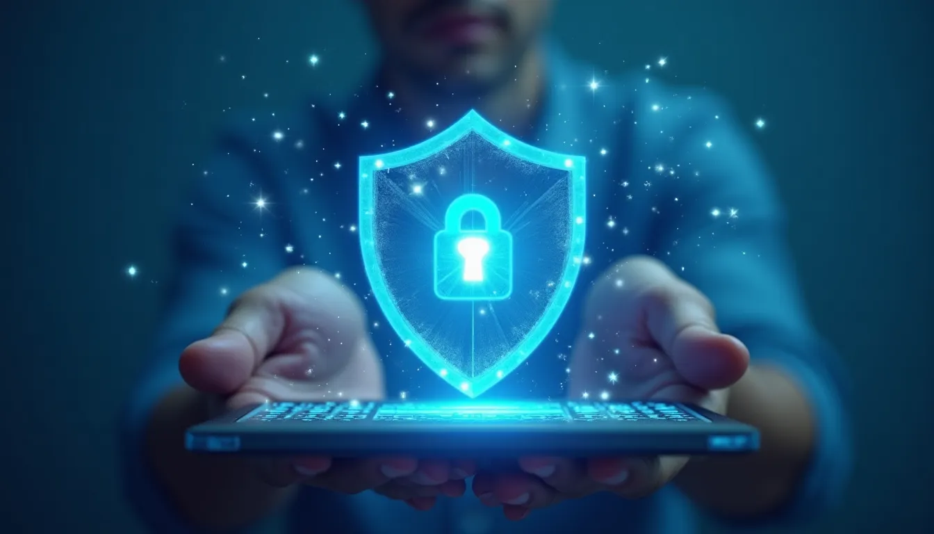 Hombre sosteniendo un teléfono móvil con un escudo de seguridad digital en sus manos.