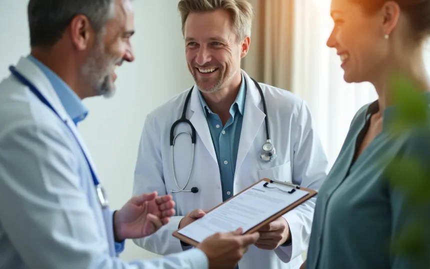 Médico sonriendo mientras entrega documentos a una mujer y conversa con otro hombre.