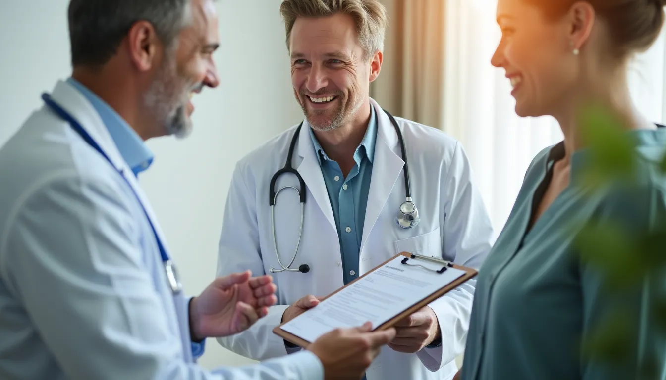Médico sonriendo mientras entrega documentos a una mujer y conversa con otro hombre.
