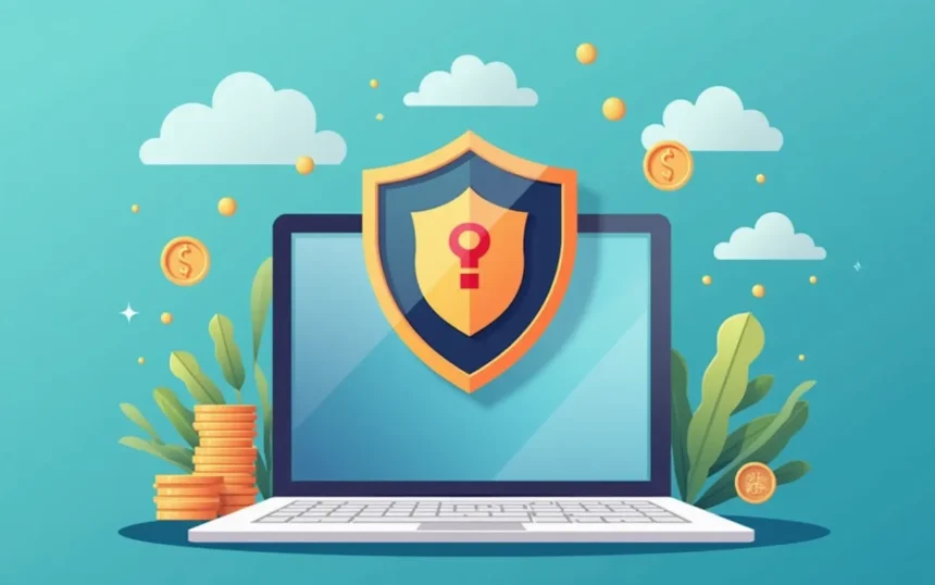 Computadora portátil con un escudo de seguridad, monedas y elementos decorativos financieros.
