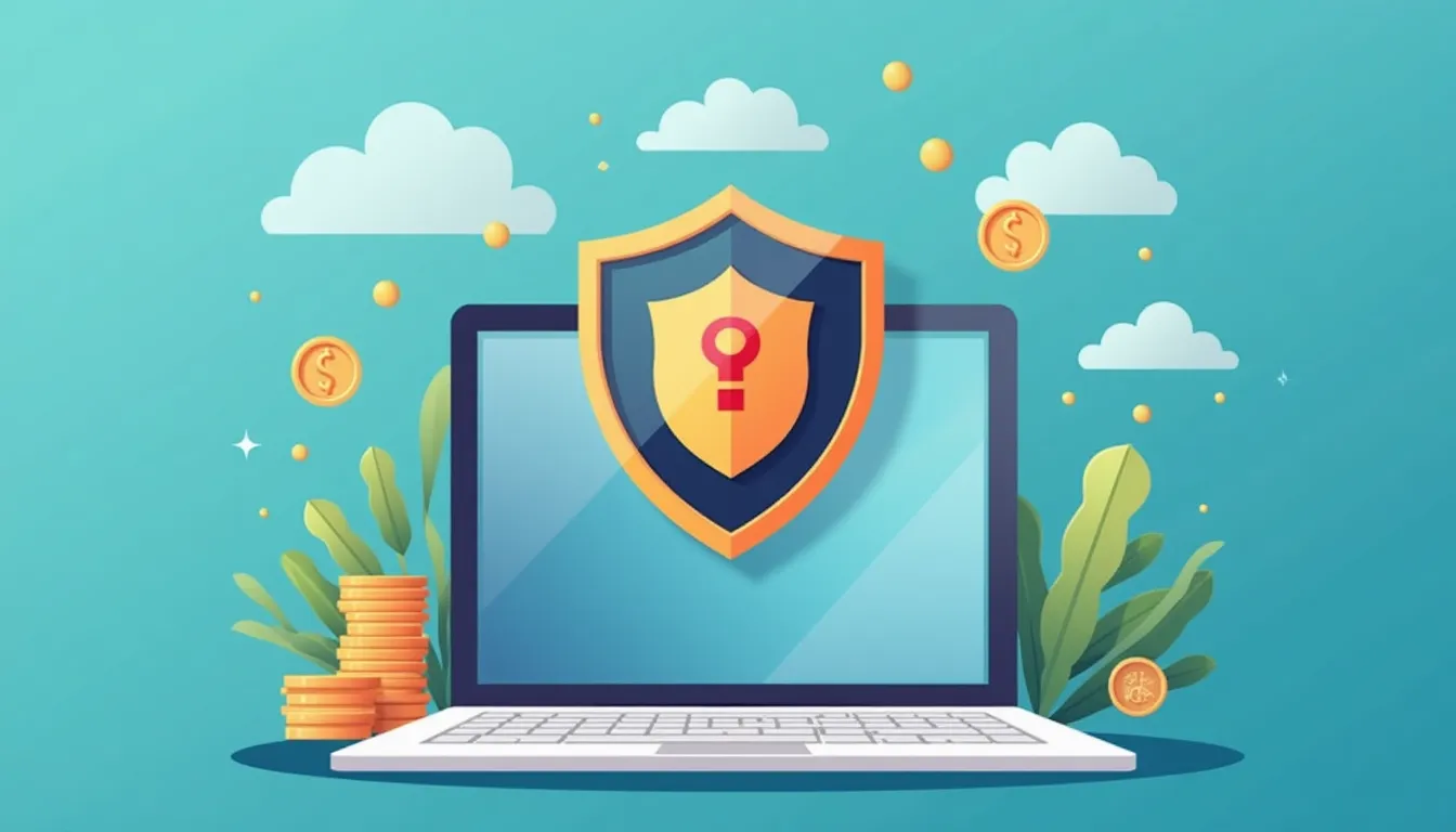 Computadora portátil con un escudo de seguridad, monedas y elementos decorativos financieros.