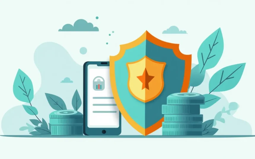 Teléfono móvil junto a escudo y monedas, representando seguridad financiera y seguros.