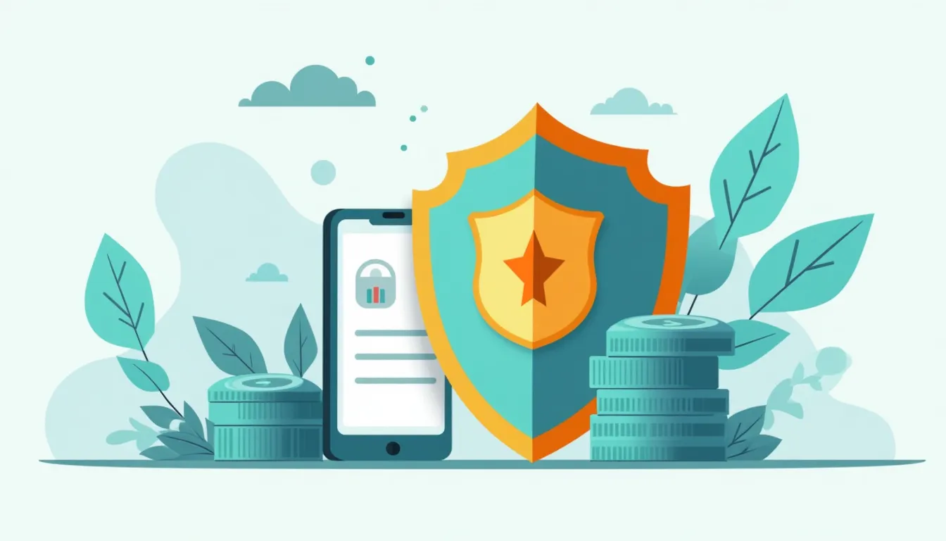 Teléfono móvil junto a escudo y monedas, representando seguridad financiera y seguros.