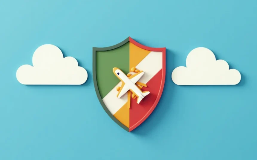 Aviación representada en un escudo con nubes en un fondo azul.