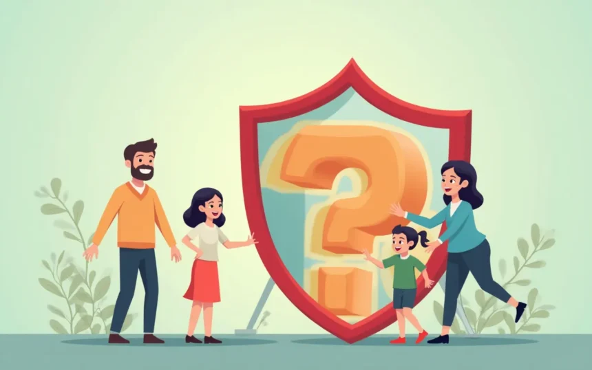 Familia feliz alrededor de un escudo con un signo de interrogación, discutiendo seguros.