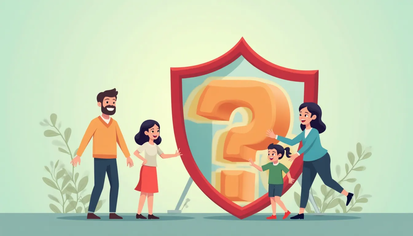 Familia feliz alrededor de un escudo con un signo de interrogación, discutiendo seguros.