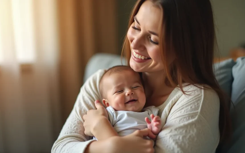 Mujer feliz abrazando a un bebé sonriente en un ambiente acogedor.