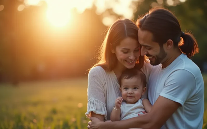 Familia abrazándose en el parque al atardecer, mostrando amor y felicidad.