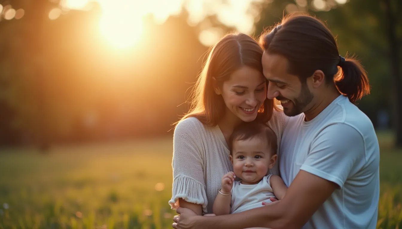 Familia abrazándose en el parque al atardecer, mostrando amor y felicidad.