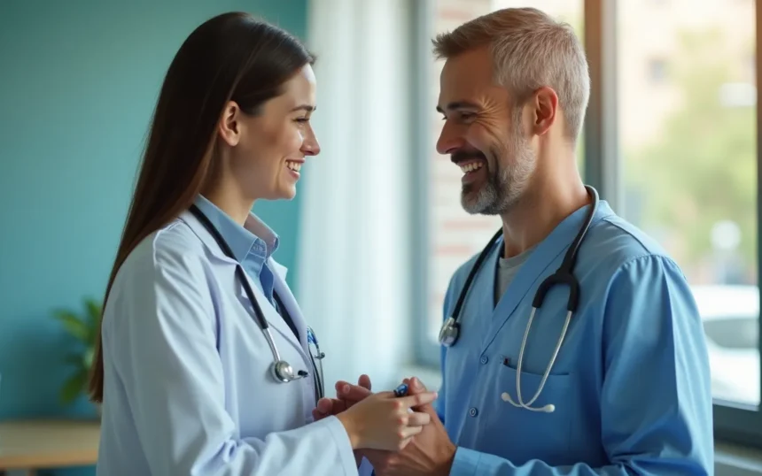 Médicos sonriendo y estrechando manos en una consulta médica en oficina luminosa.