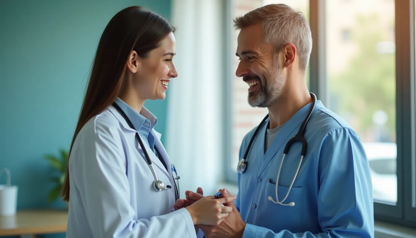 Médicos sonriendo y estrechando manos en una consulta médica en oficina luminosa.