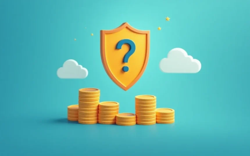 Icono de escudo amarillo con signo de interrogación sobre monedas doradas y fondo azul.
