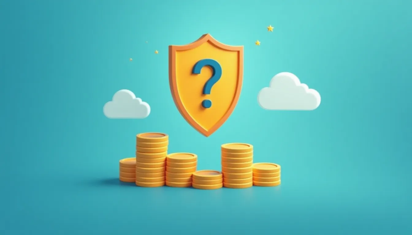 Icono de escudo amarillo con signo de interrogación sobre monedas doradas y fondo azul.
