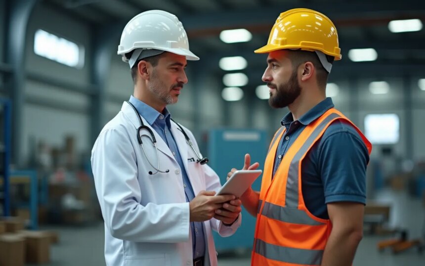 Médico y trabajador conversando sobre seguridad laboral en un entorno industrial.