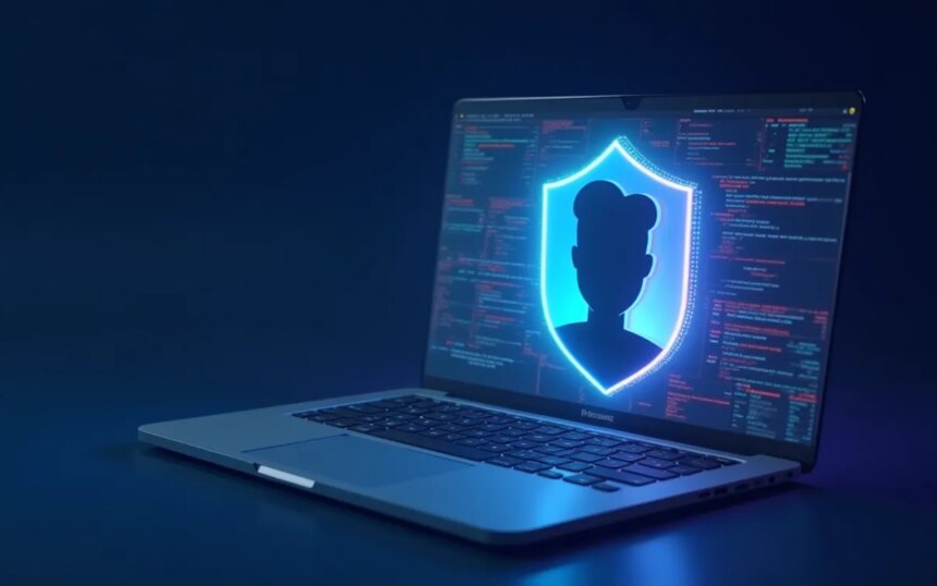Laptop mostrando un escudo digital mientras se programan datos en fondo oscuro.