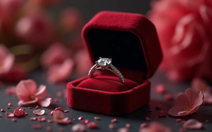 Anillo de compromiso en caja roja rodeado de flores y pétalos rosados.