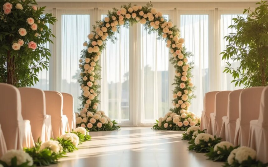 Escenario de boda decorado con flores, arcos y sillas en un ambiente luminoso.