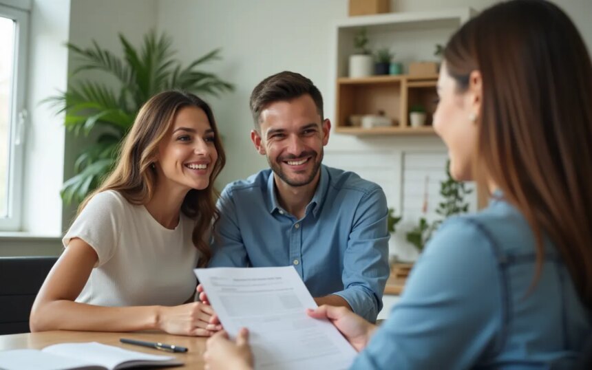 Pareja sonriente recibiendo información sobre seguros de una asesora en oficina luminosa.