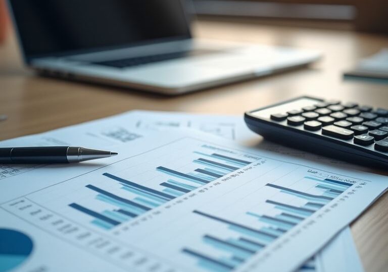 Ilustración pastel: Ilustración de cálculo de prima de seguro: gráficas financieras y documentos en un escritorio