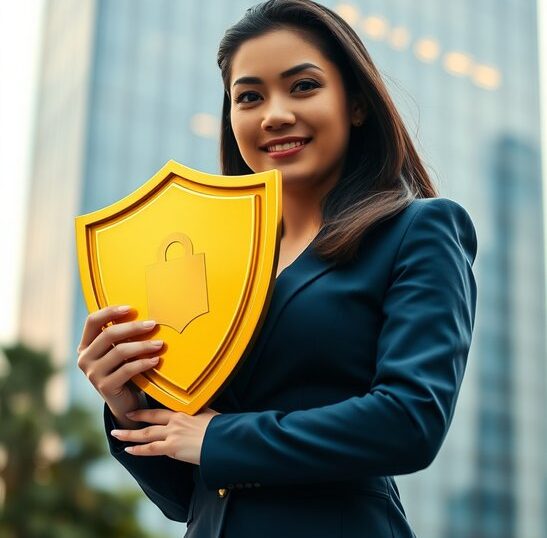 Mujer ejecutiva latina con escudo dorado, concepto de reservas y solidez financiera
