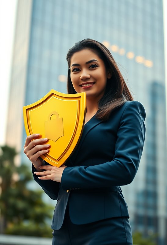 Mujer ejecutiva latina con escudo dorado, concepto de reservas y solidez financiera