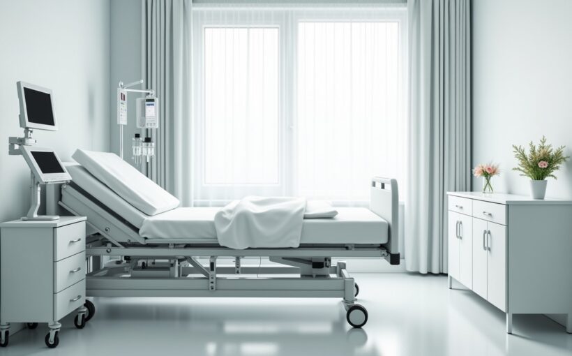 Habitación de hospital moderna y limpia con cama, monitor y equipo médico, imagen del seguro de gastos médicos.