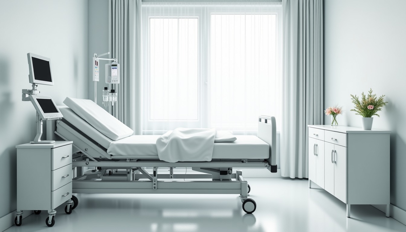 Habitación de hospital moderna y limpia con cama, monitor y equipo médico, imagen del seguro de gastos médicos.