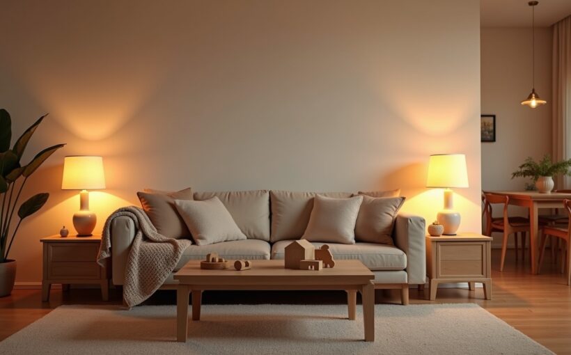 Sala familiar con sofá, cobijas y juguetes de niños, imagen del seguro familiar.