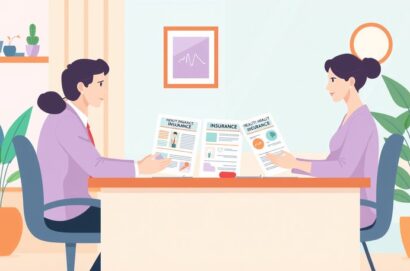 Ilustracion flat vector pastel de un agente comparando dos familias de producto de salud con una pareja de clientes