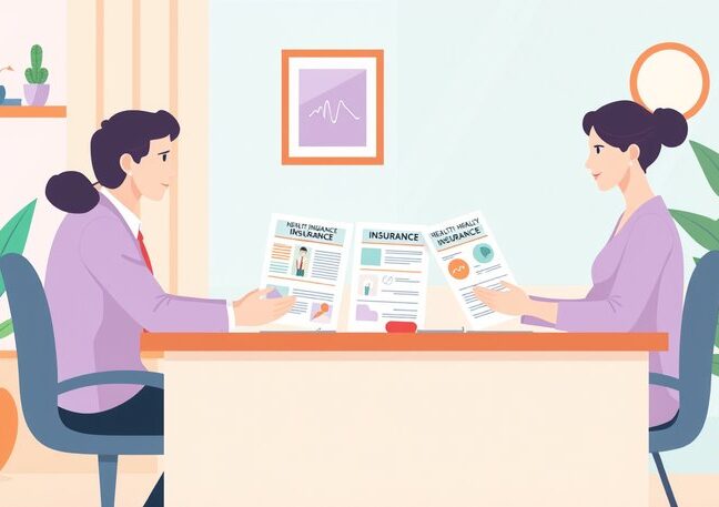 Ilustracion flat vector pastel de un agente comparando dos familias de producto de salud con una pareja de clientes